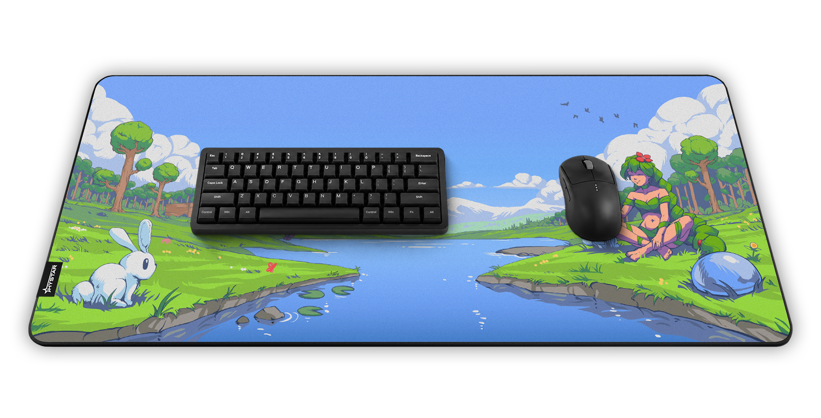 Hystar Dryad deskmat, shown in a desk setup with keyboard and mouse