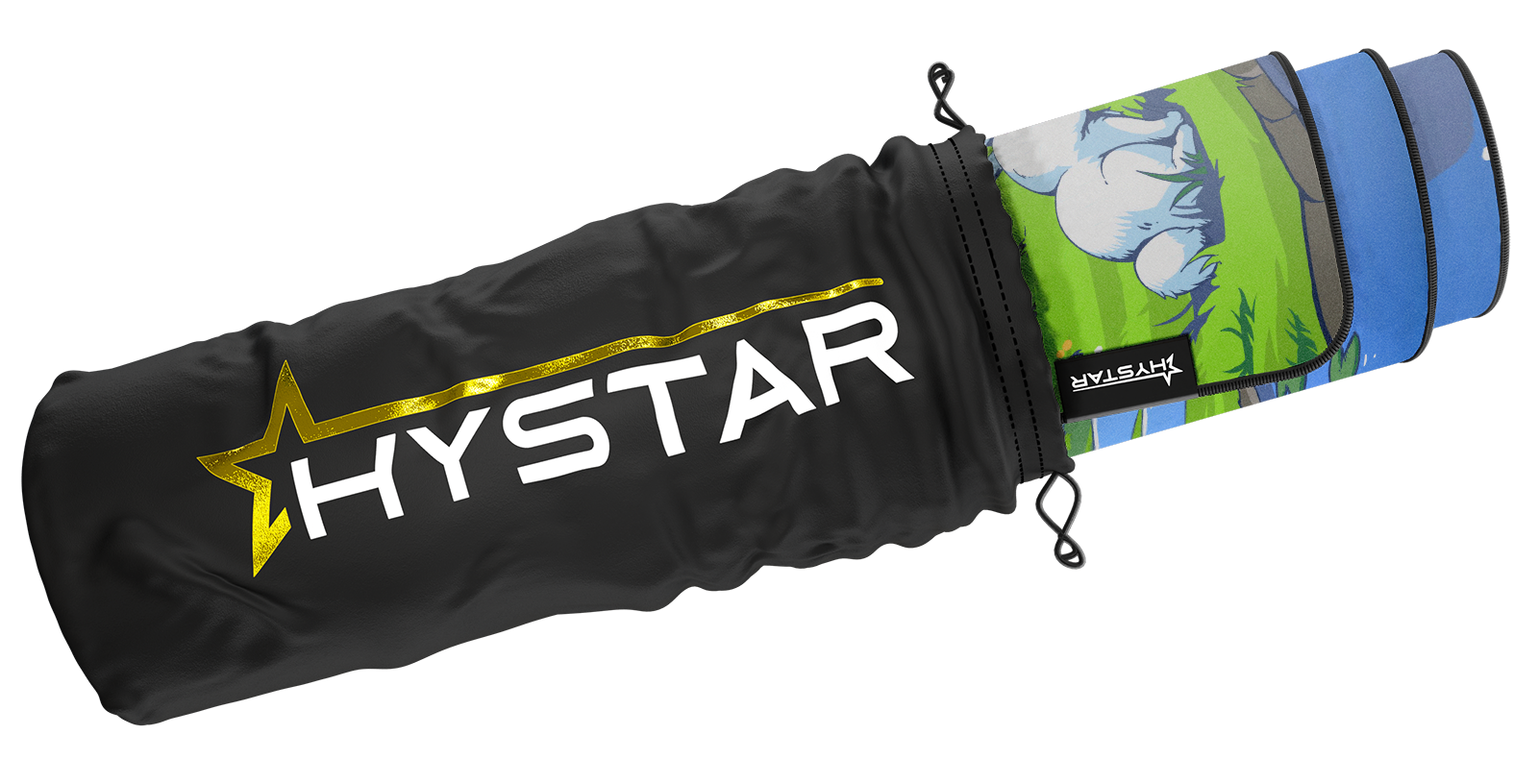Hystar Dryad deskmat rolled up in its carry bag
