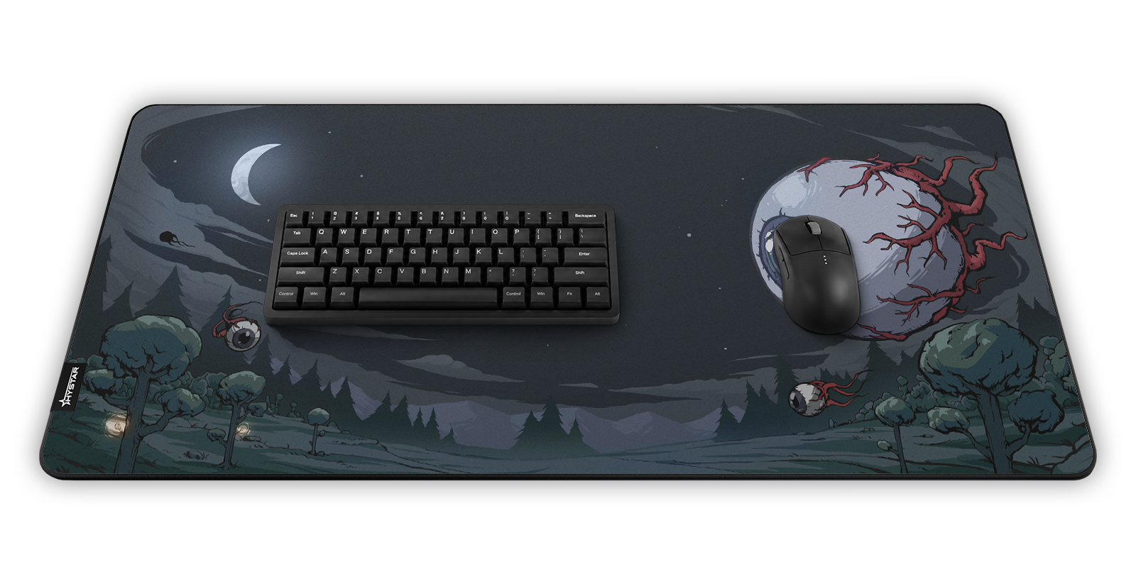 Hystar Eye of Cthulhu deskmat, shown in a desk setup with keyboard and mouse