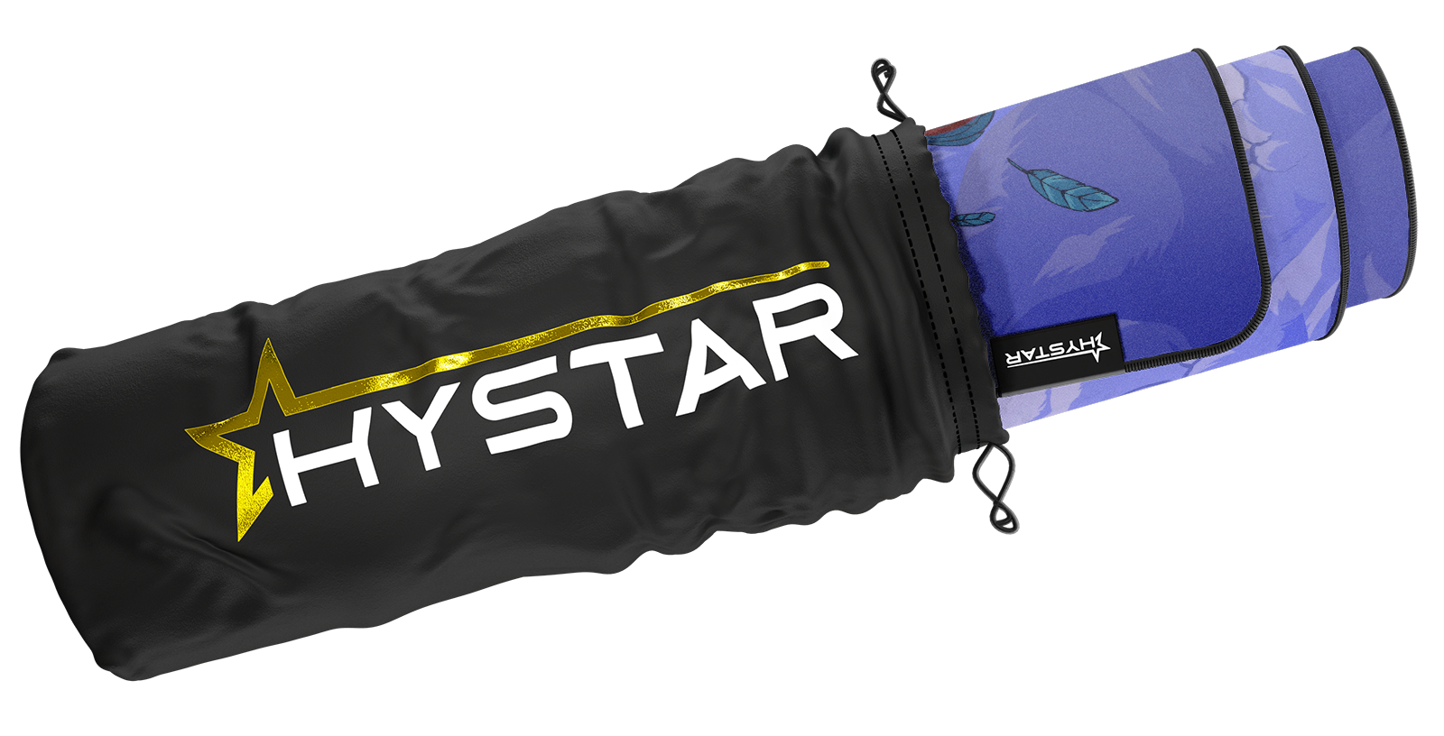 Hystar Floating Island deskmat rolled up in its carry bag