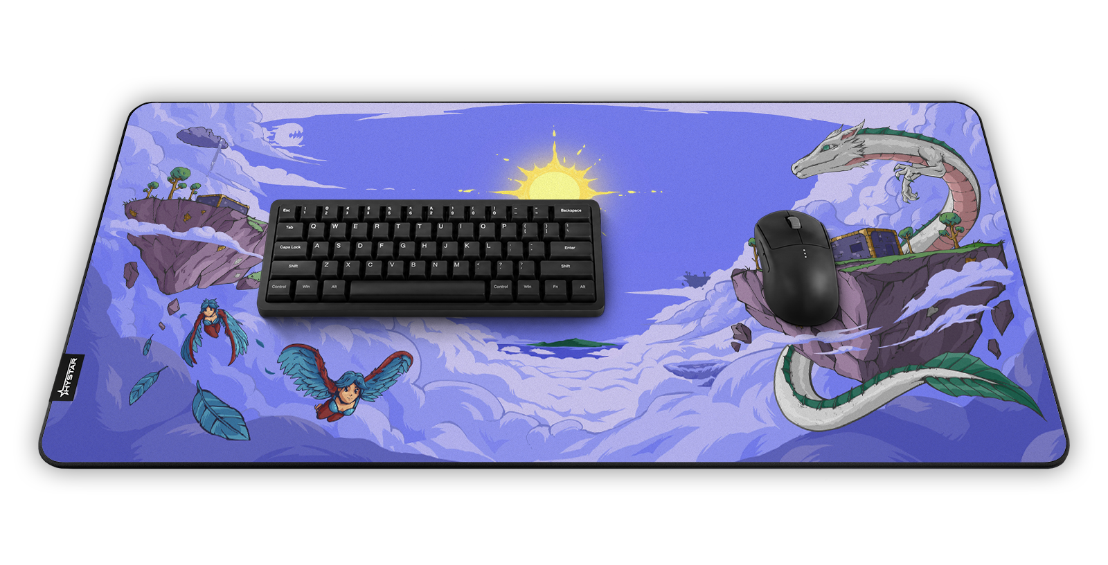 Hystar Floating Island deskmat, shown in a desk setup with keyboard and mouse