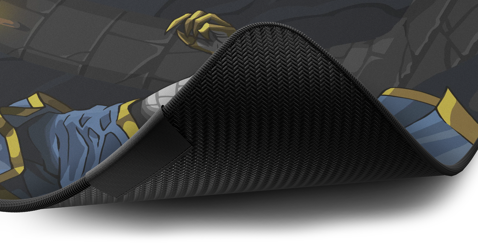 Close-up of the stitched edge and non-slip rubber base of the Hystar Lunatic Cultist deskmat