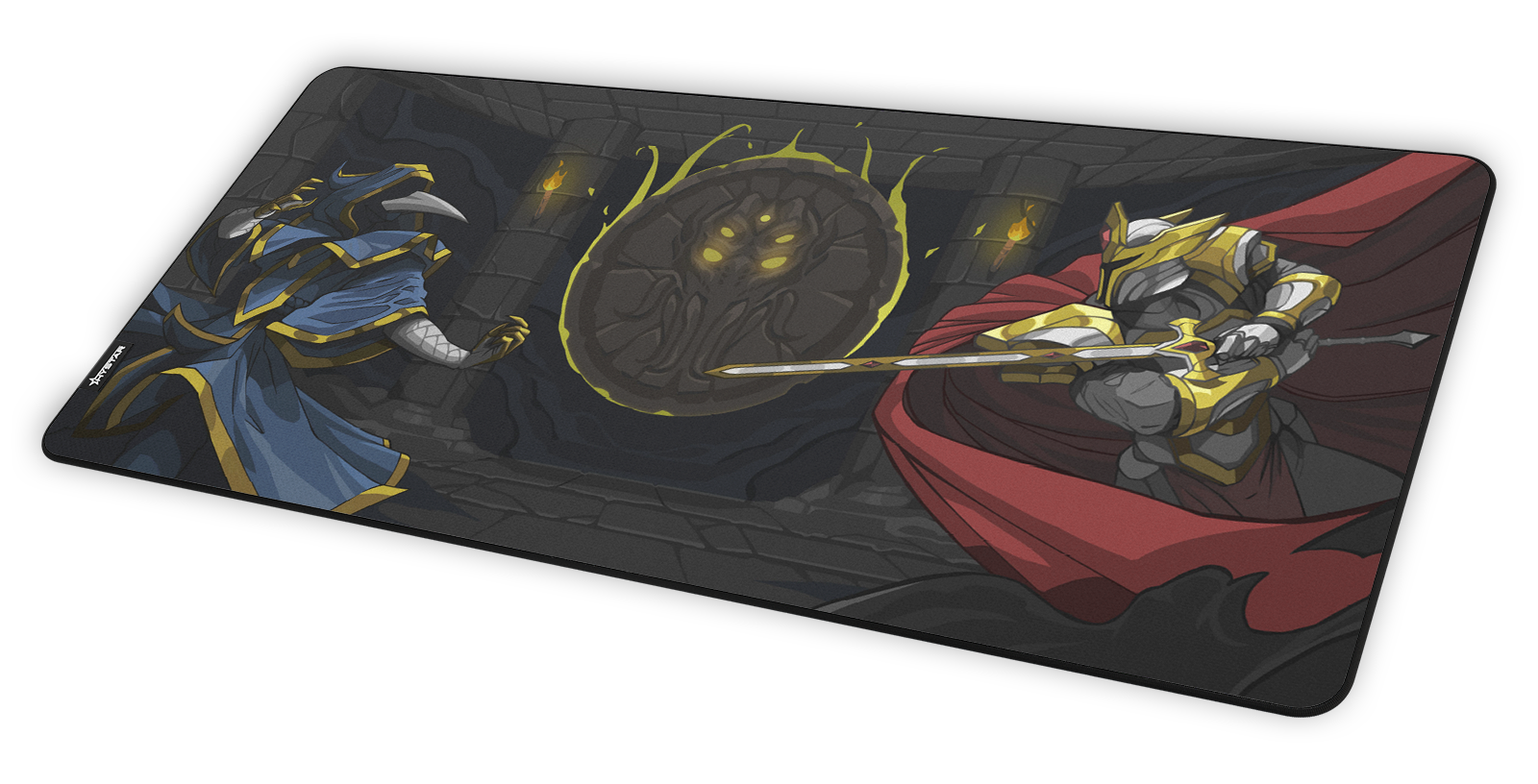 Hystar Lunatic Cultist deskmat at an angle on a desk
