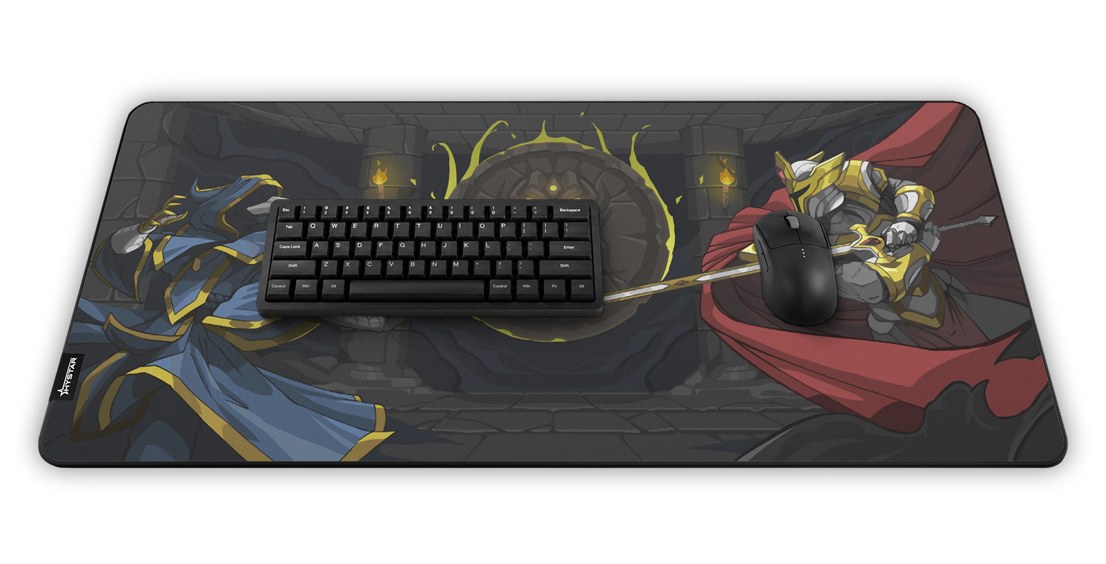 Hystar Lunatic Cultist deskmat, shown in a desk setup with keyboard and mouse