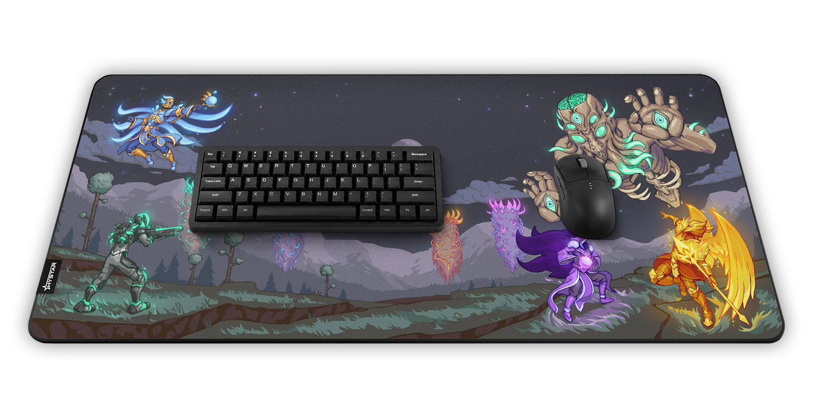 Hystar Moon Lord deskmat, shown in a desk setup with keyboard and mouse
