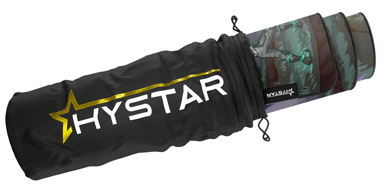 Hystar Moon Lord deskmat rolled up in its carry bag