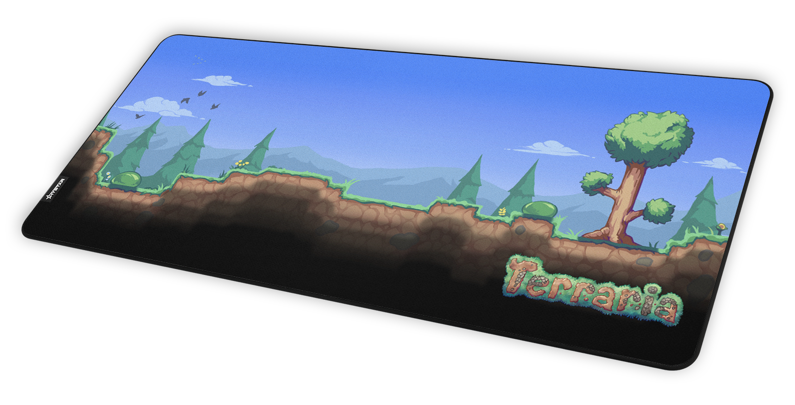 Hystar Overworld deskmat at an angle on a desk