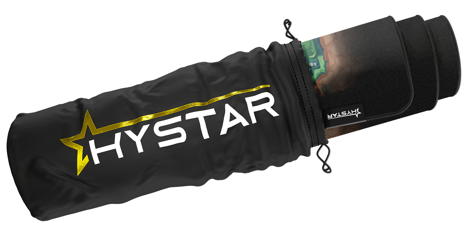 Hystar Overworld deskmat rolled up in its carry bag