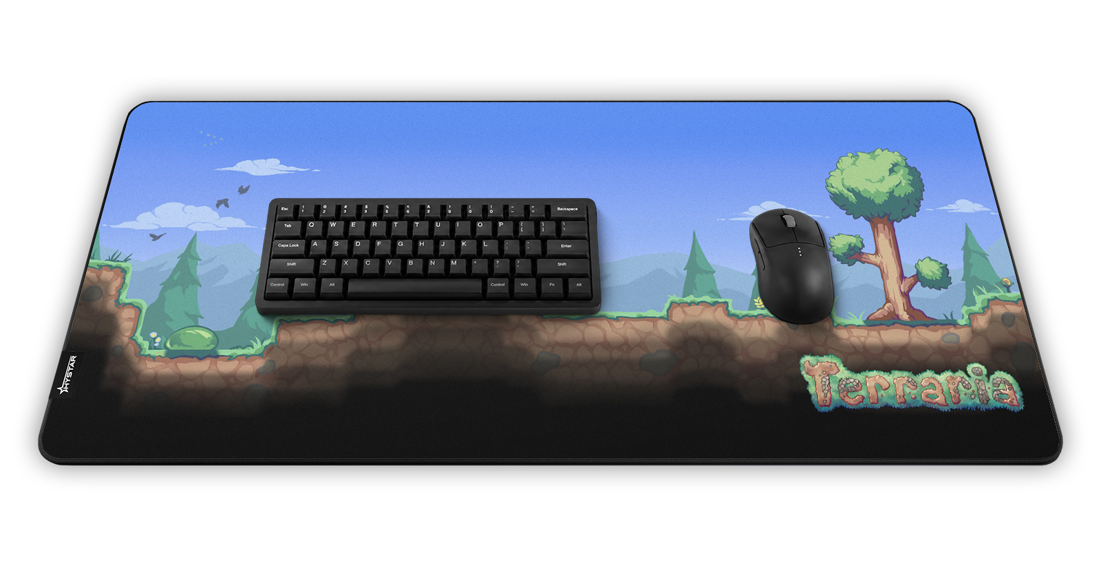 Hystar Overworld deskmat, shown in a desk setup with keyboard and mouse