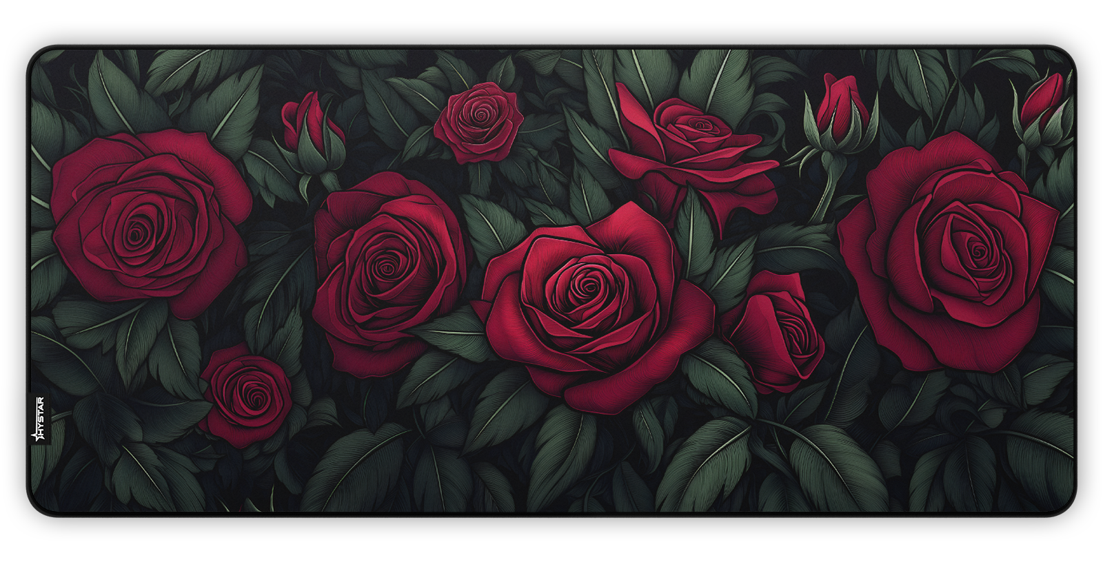Hystar Bloom deskmat, top-down view of the full print