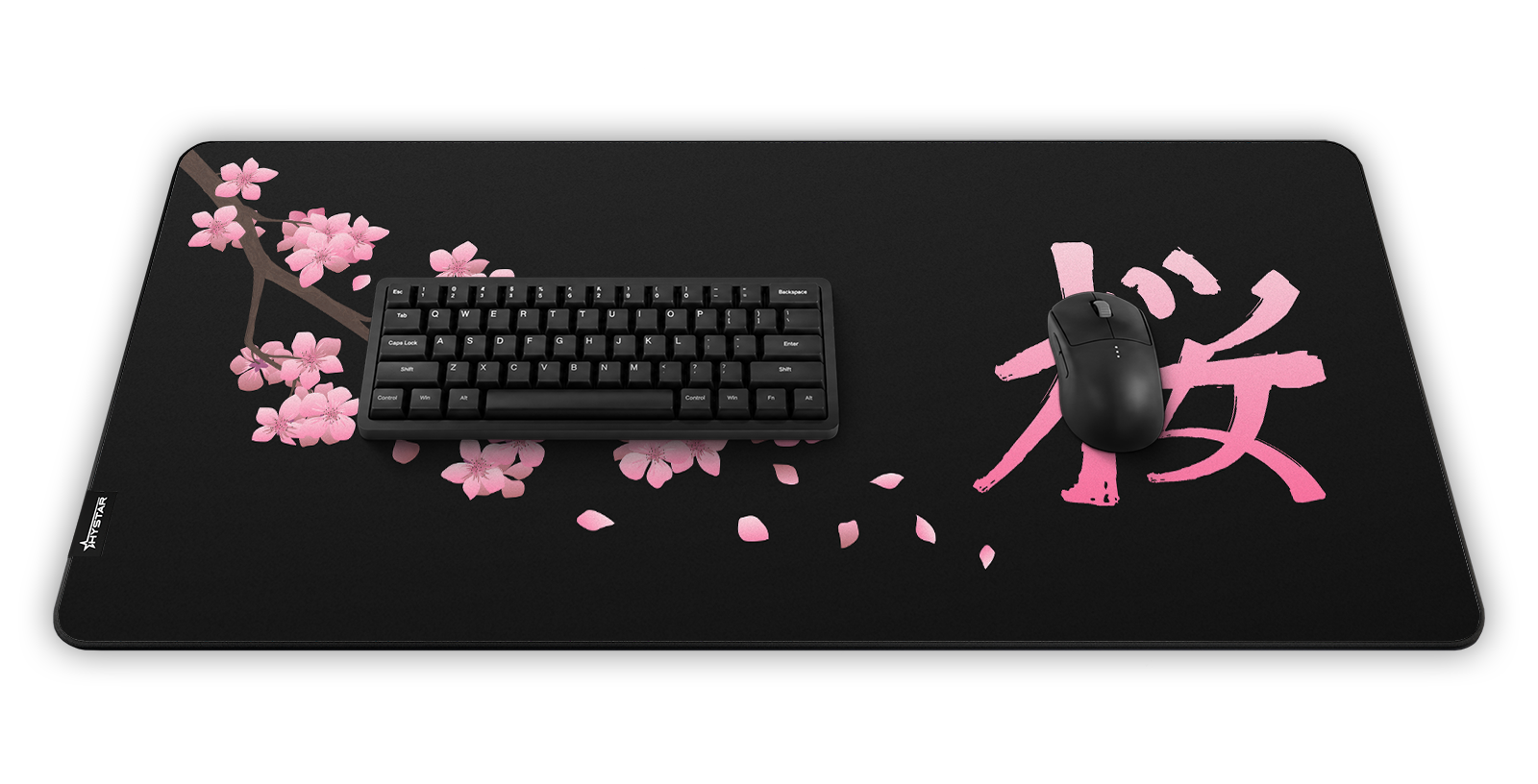 Hystar Blossom deskmat, shown in a desk setup with keyboard and mouse