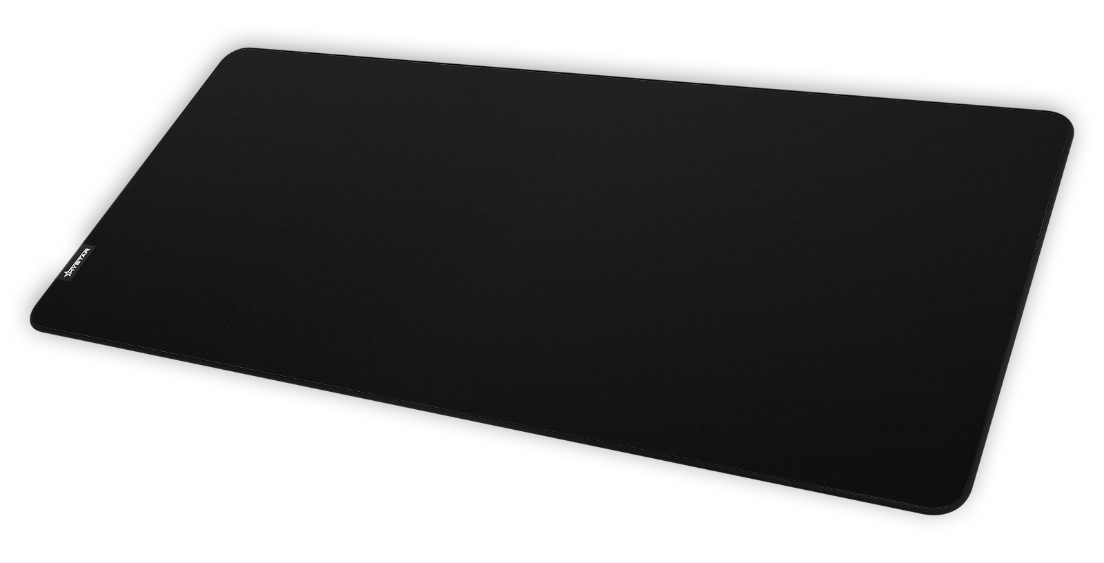 Hystar Classic deskmat in Black at an angle on a desk. Black XXL (36" x 16"), Black XXXL (45" x 20")
