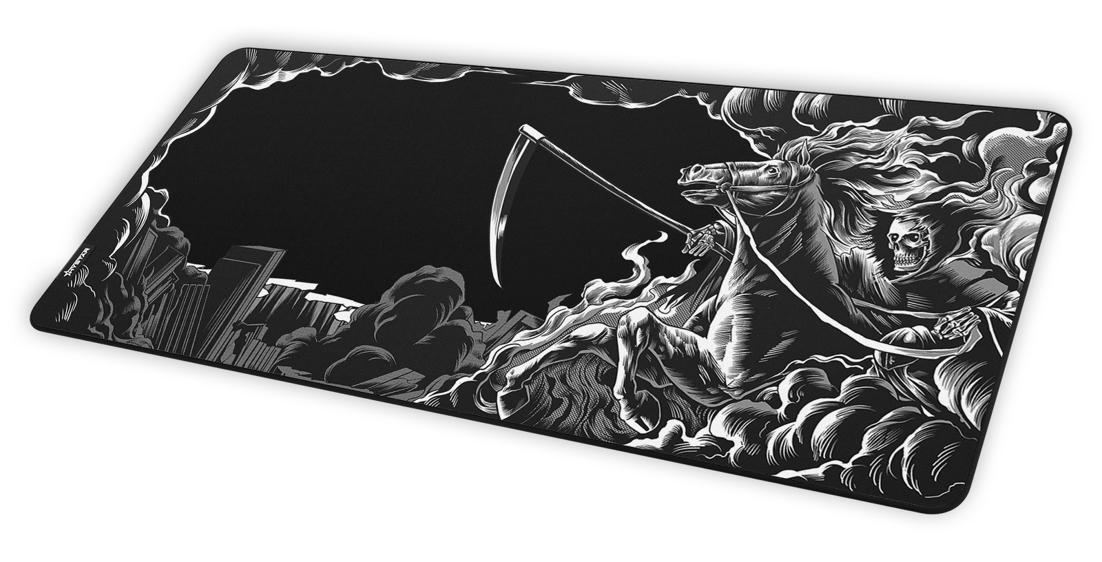 Hystar Death deskmat at an angle on a desk