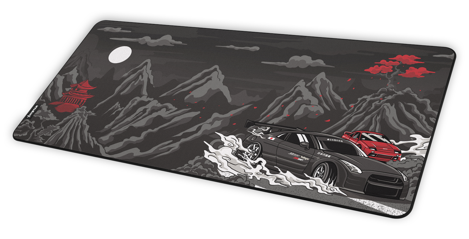 Hystar Drift deskmat at an angle on a desk
