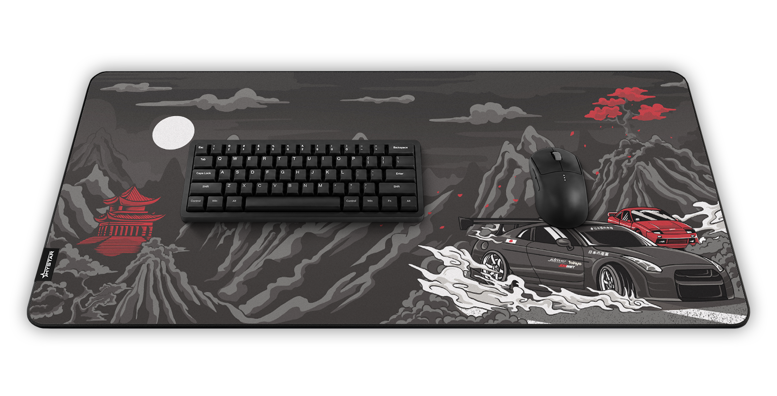 Hystar Drift deskmat, shown in a desk setup with keyboard and mouse