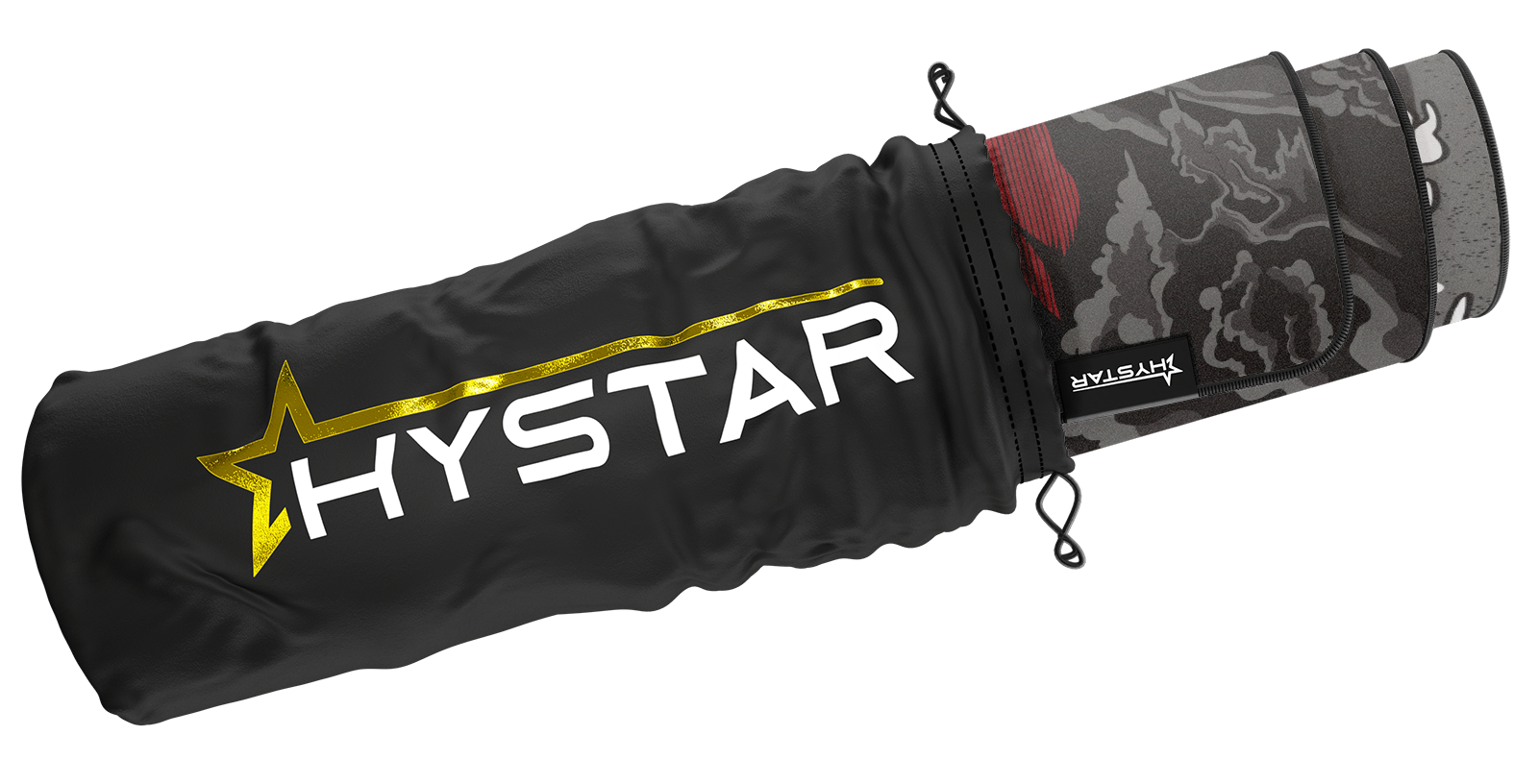 Hystar Drift deskmat rolled up in its carry bag