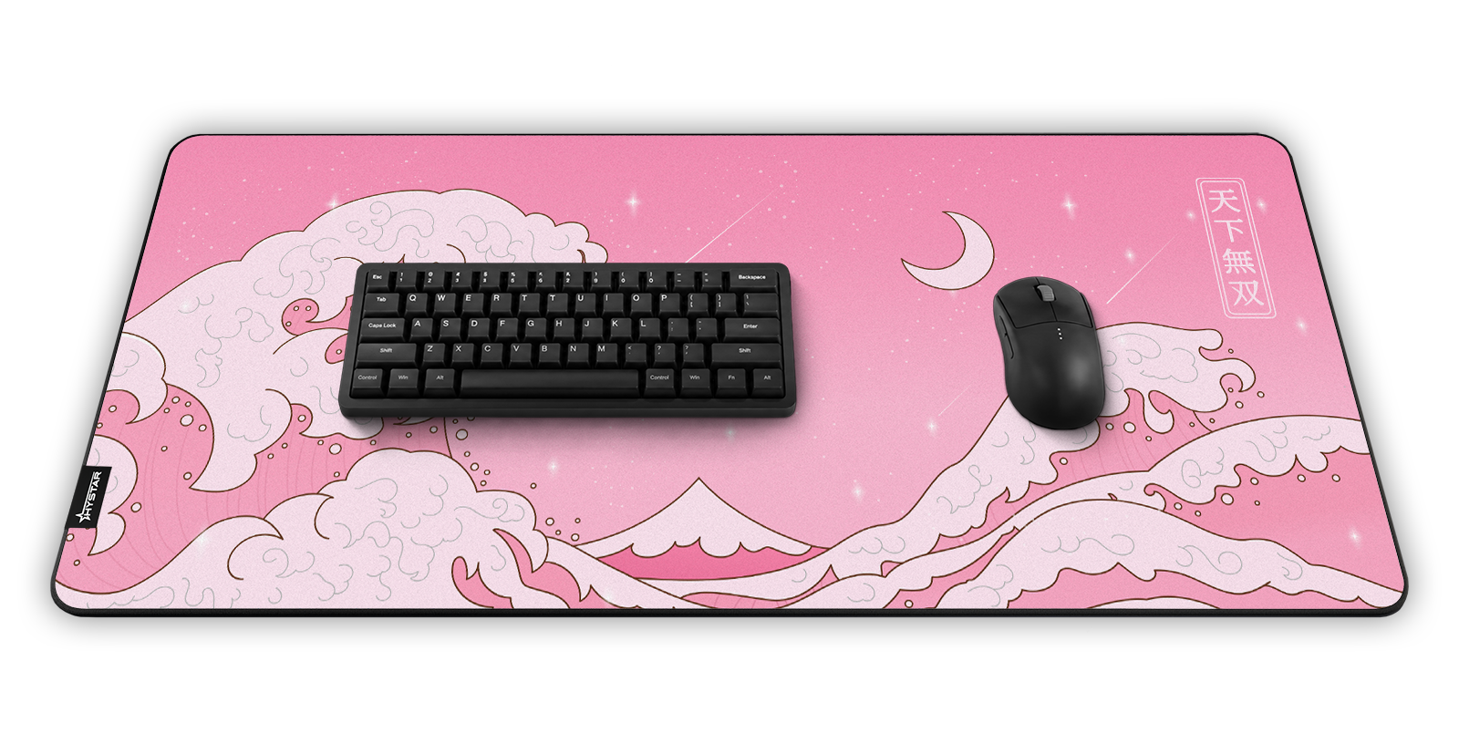 Hystar Kawaii Wave deskmat, shown in a desk setup with keyboard and mouse