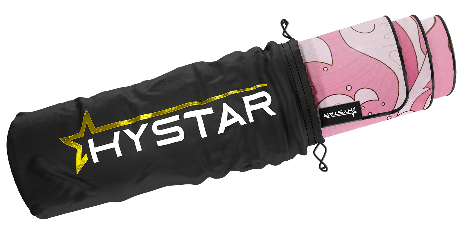 Hystar Kawaii Wave deskmat rolled up in its carry bag