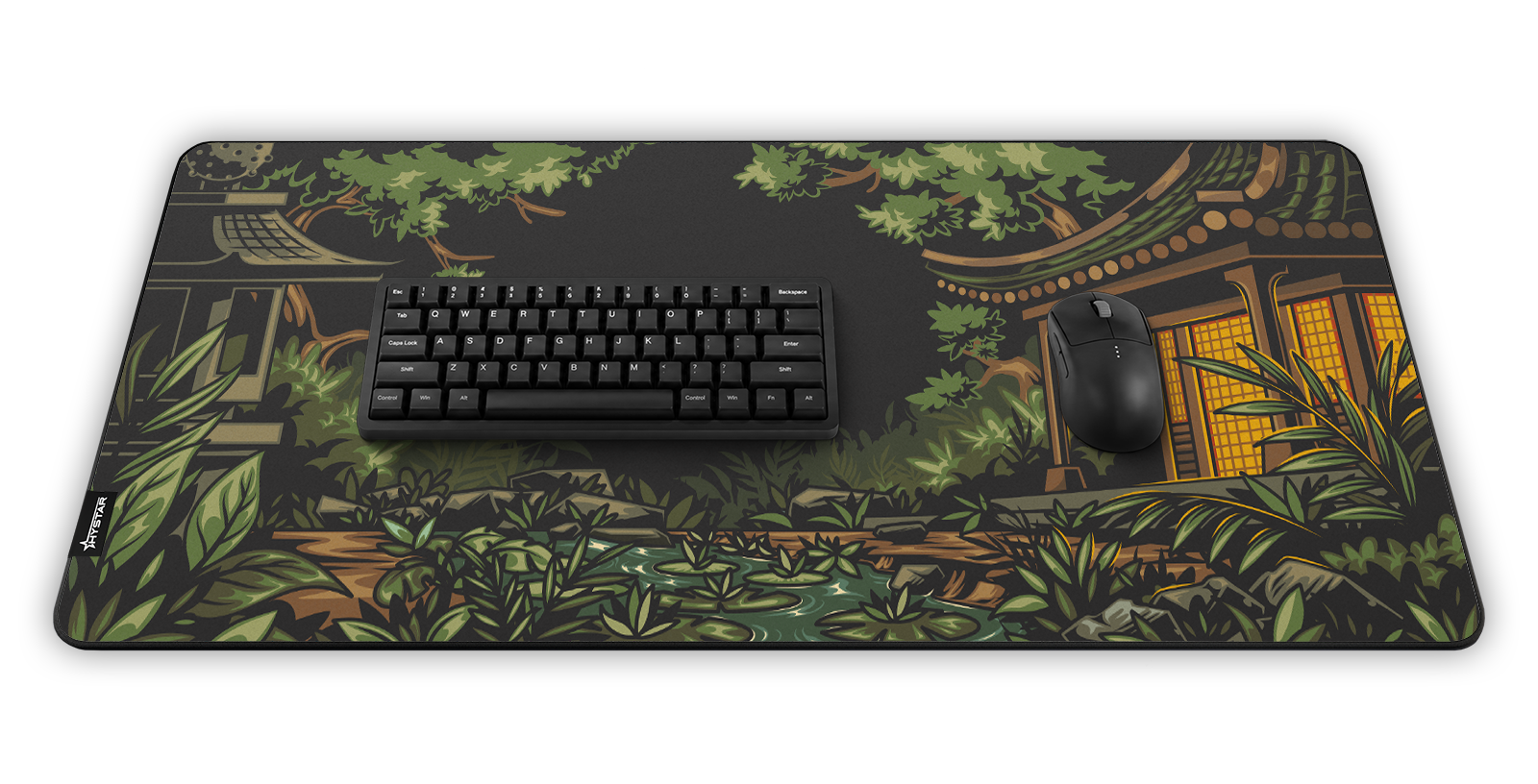 Hystar Midori deskmat, shown in a desk setup with keyboard and mouse