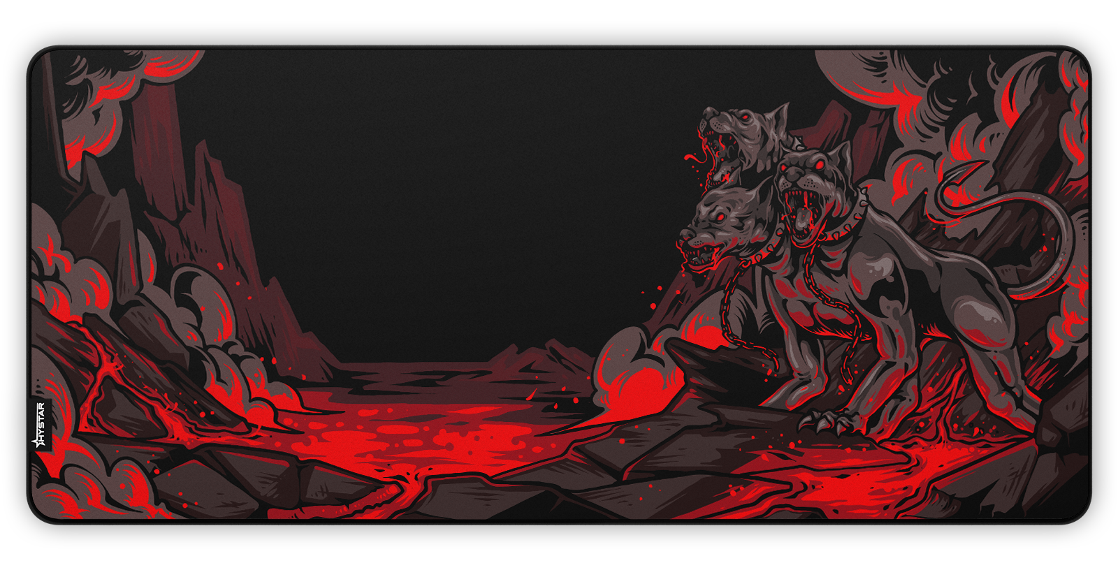 Hystar Cerberus deskmat, top-down view of the full print