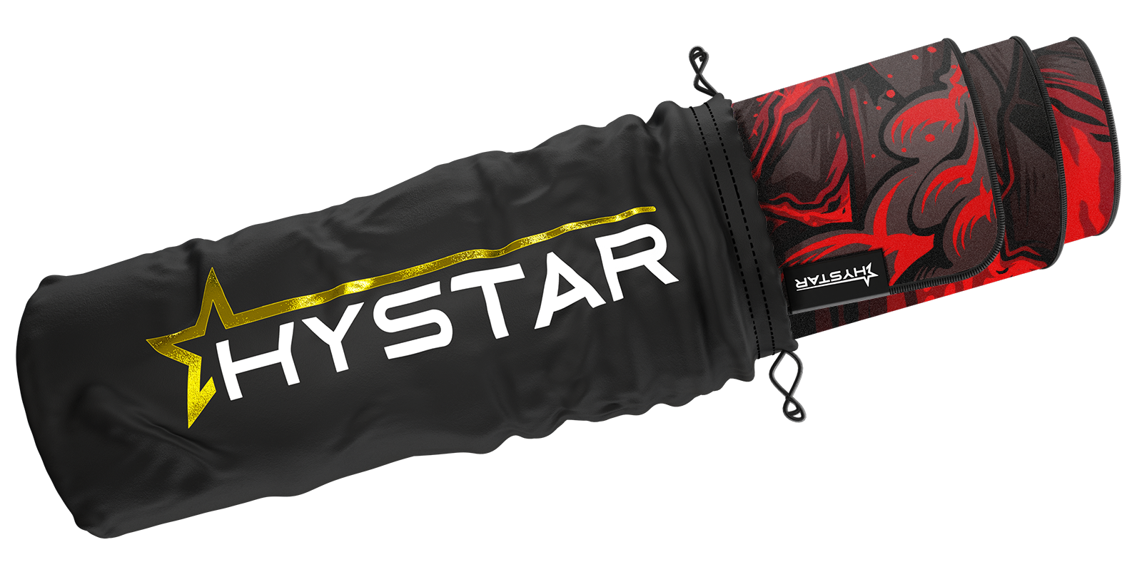 Hystar Cerberus deskmat rolled up in its carry bag