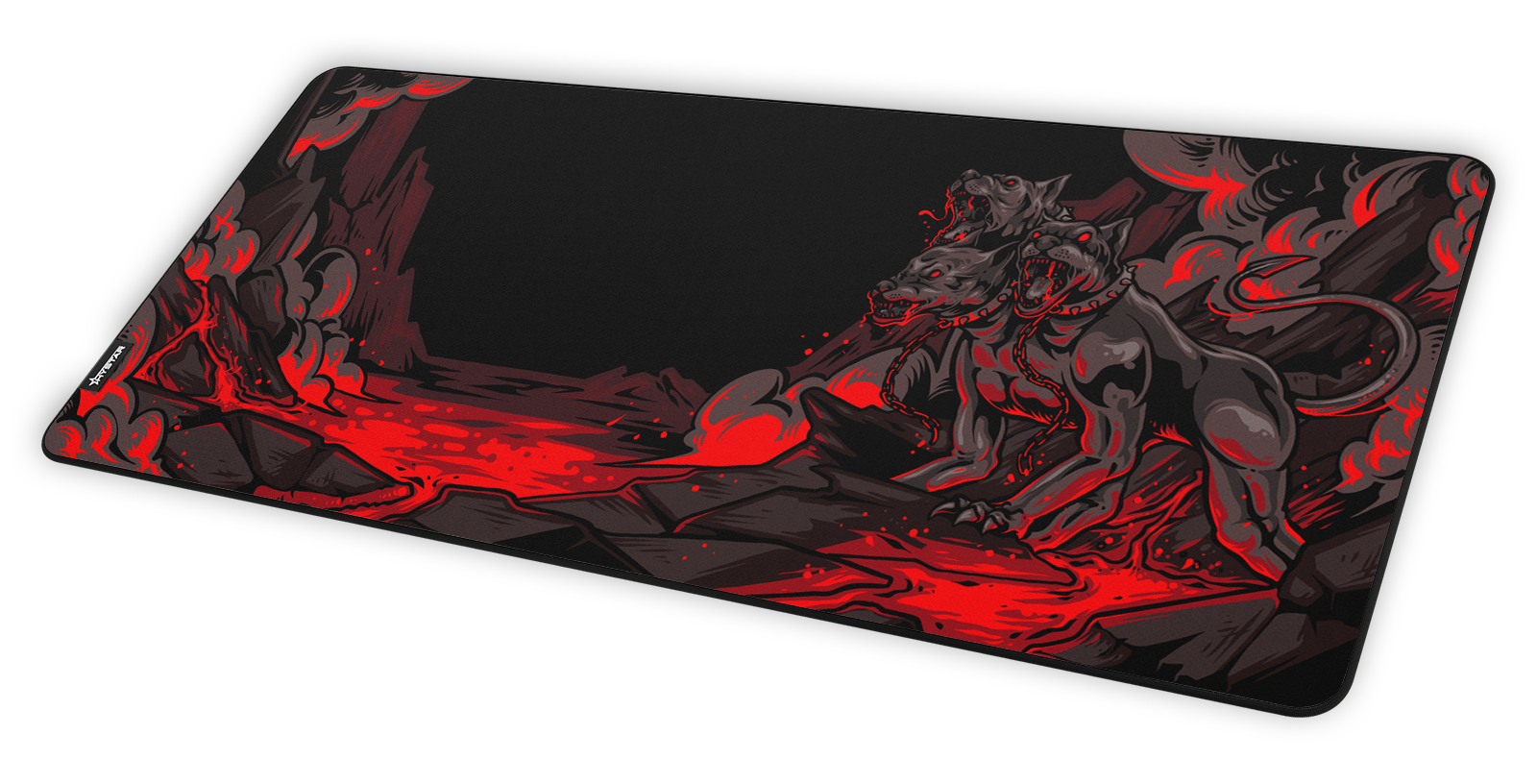 Hystar Cerberus deskmat at an angle on a desk