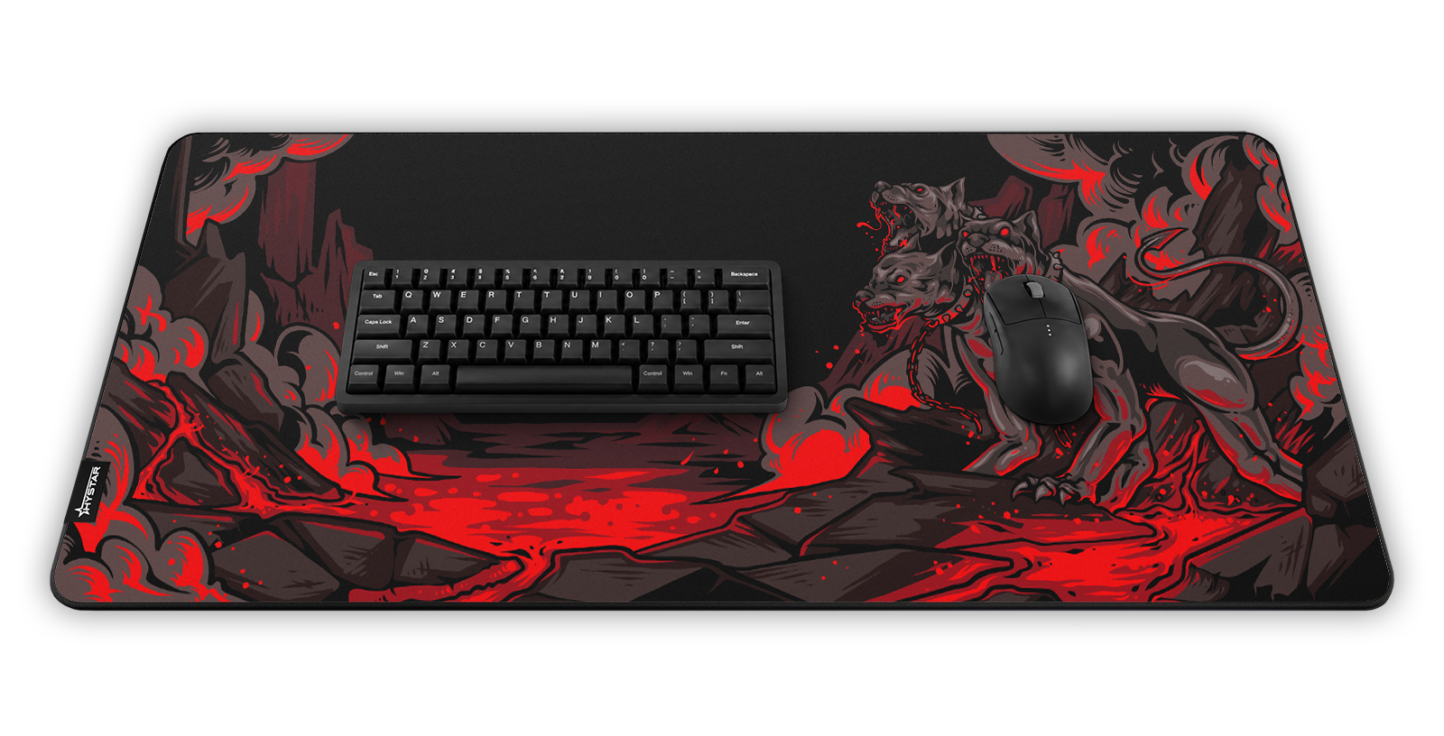 Hystar Cerberus deskmat, shown in a desk setup with keyboard and mouse