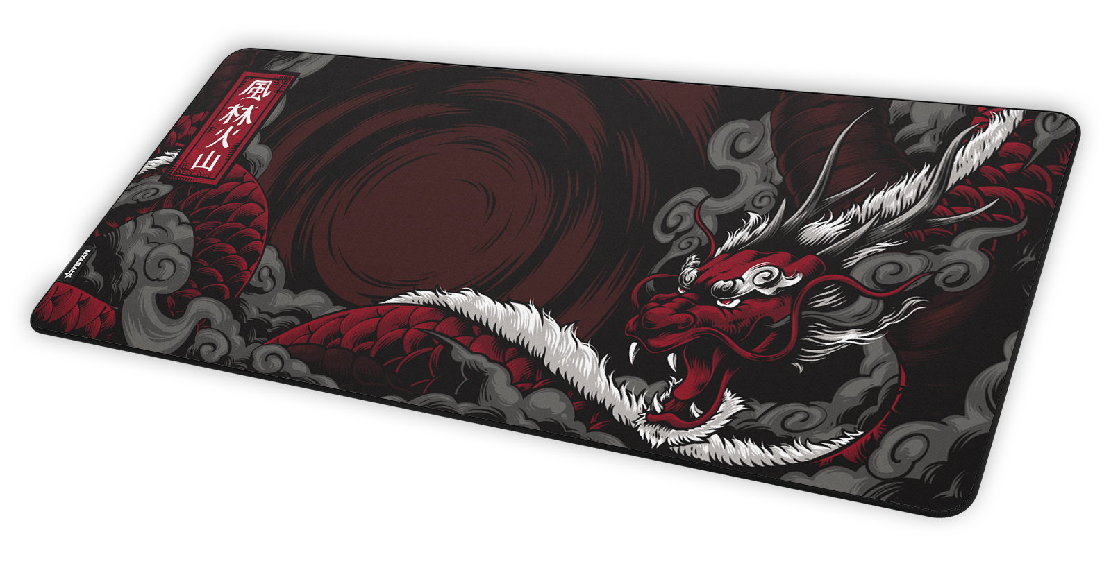 Hystar Dragon deskmat at an angle on a desk
