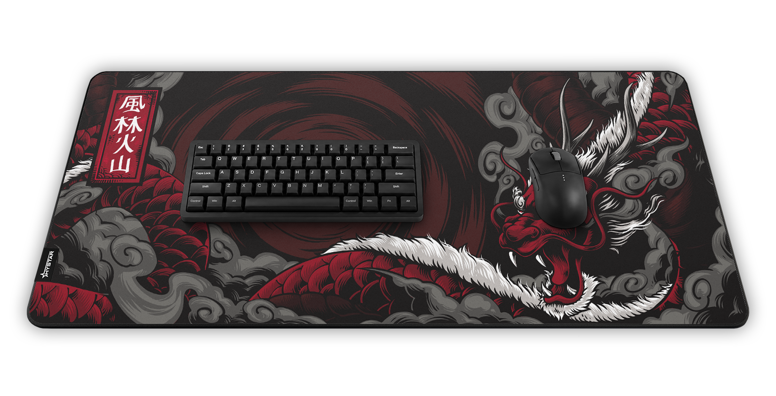 Hystar Dragon deskmat, shown in a desk setup with keyboard and mouse