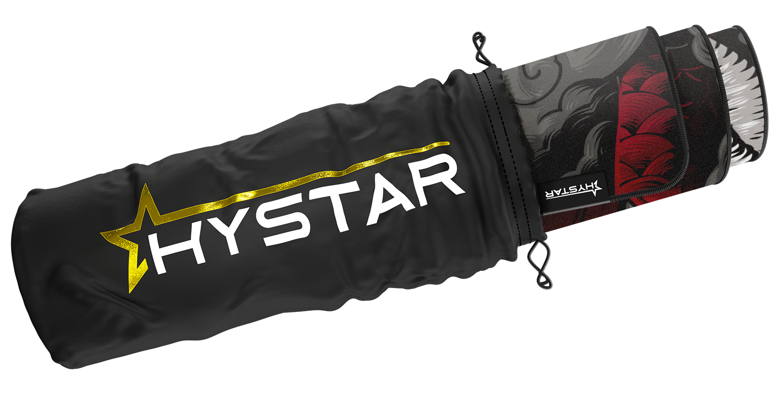 Hystar Dragon deskmat rolled up in its carry bag