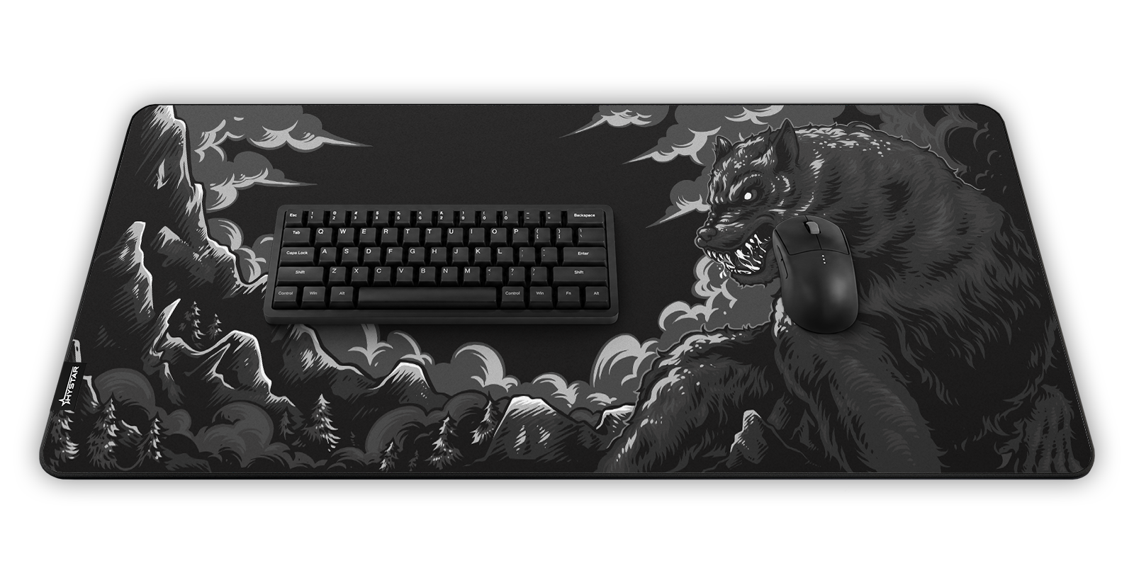 Hystar Fenrir deskmat, shown in a desk setup with keyboard and mouse