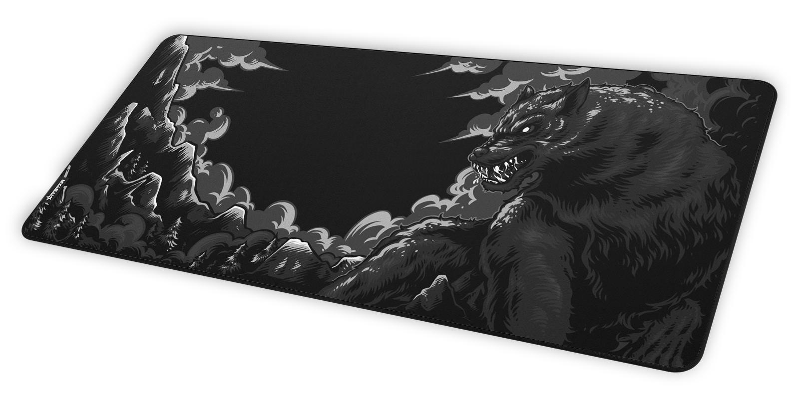 Hystar Fenrir deskmat at an angle on a desk