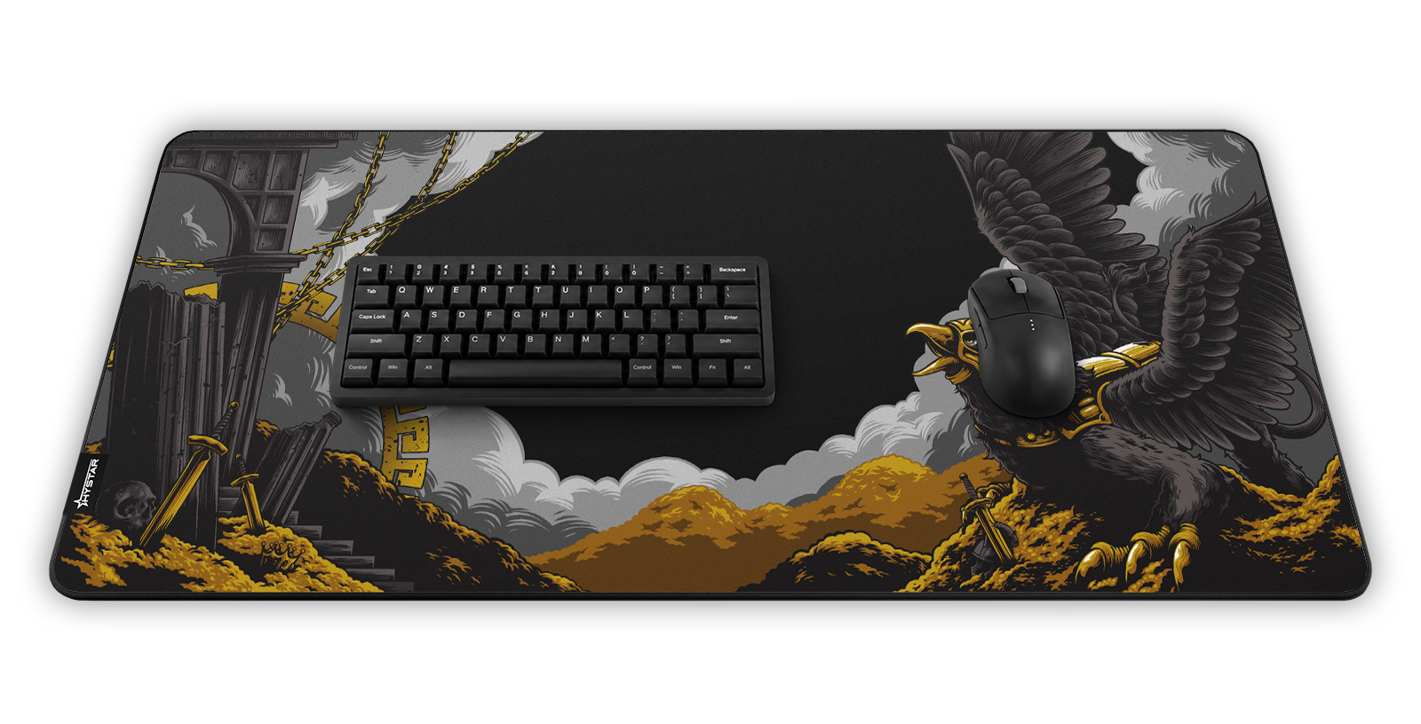 Hystar Griffin deskmat, shown in a desk setup with keyboard and mouse