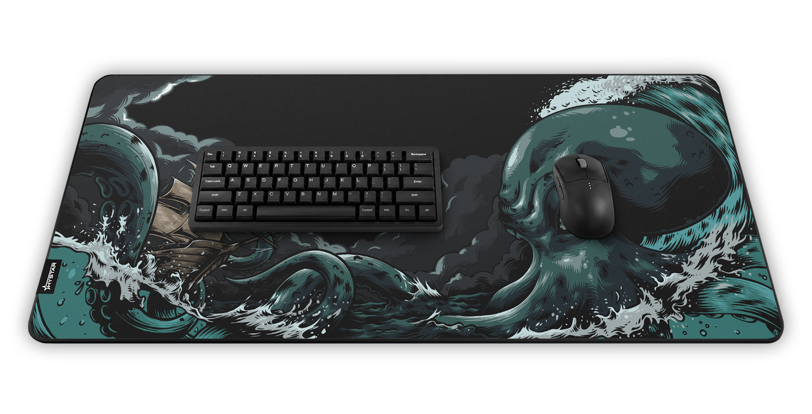 Hystar Kraken deskmat, shown in a desk setup with keyboard and mouse