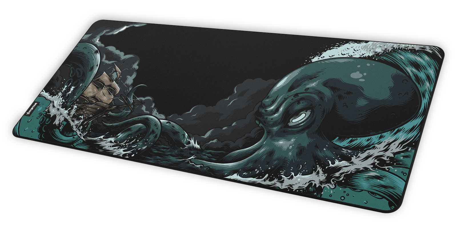 Hystar Kraken deskmat at an angle on a desk