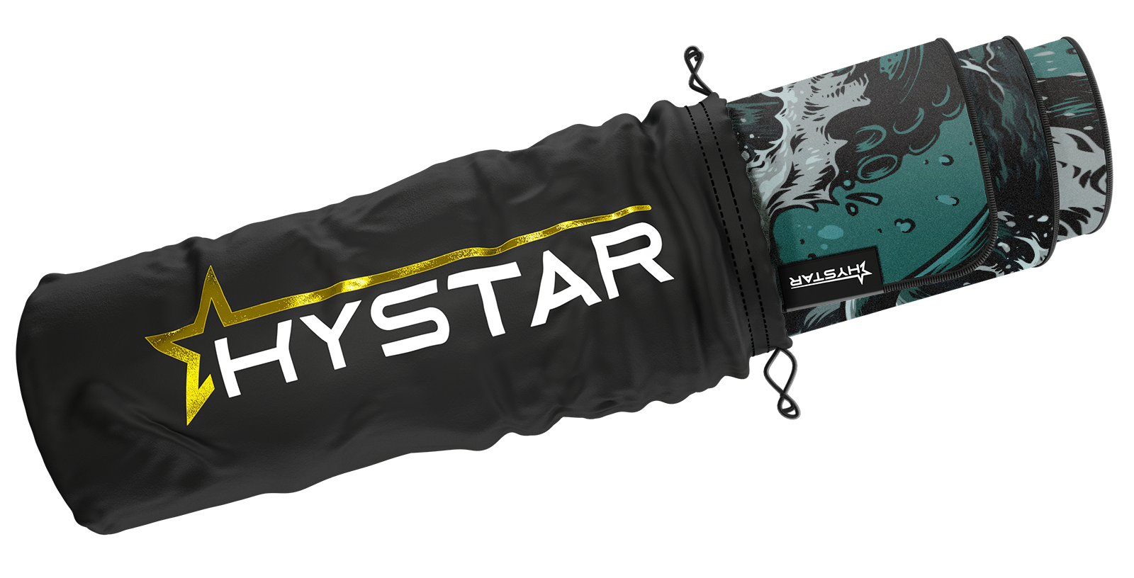 Hystar Kraken deskmat rolled up in its carry bag