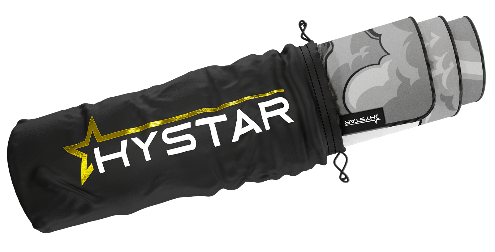 Hystar Pegasus deskmat rolled up in its carry bag