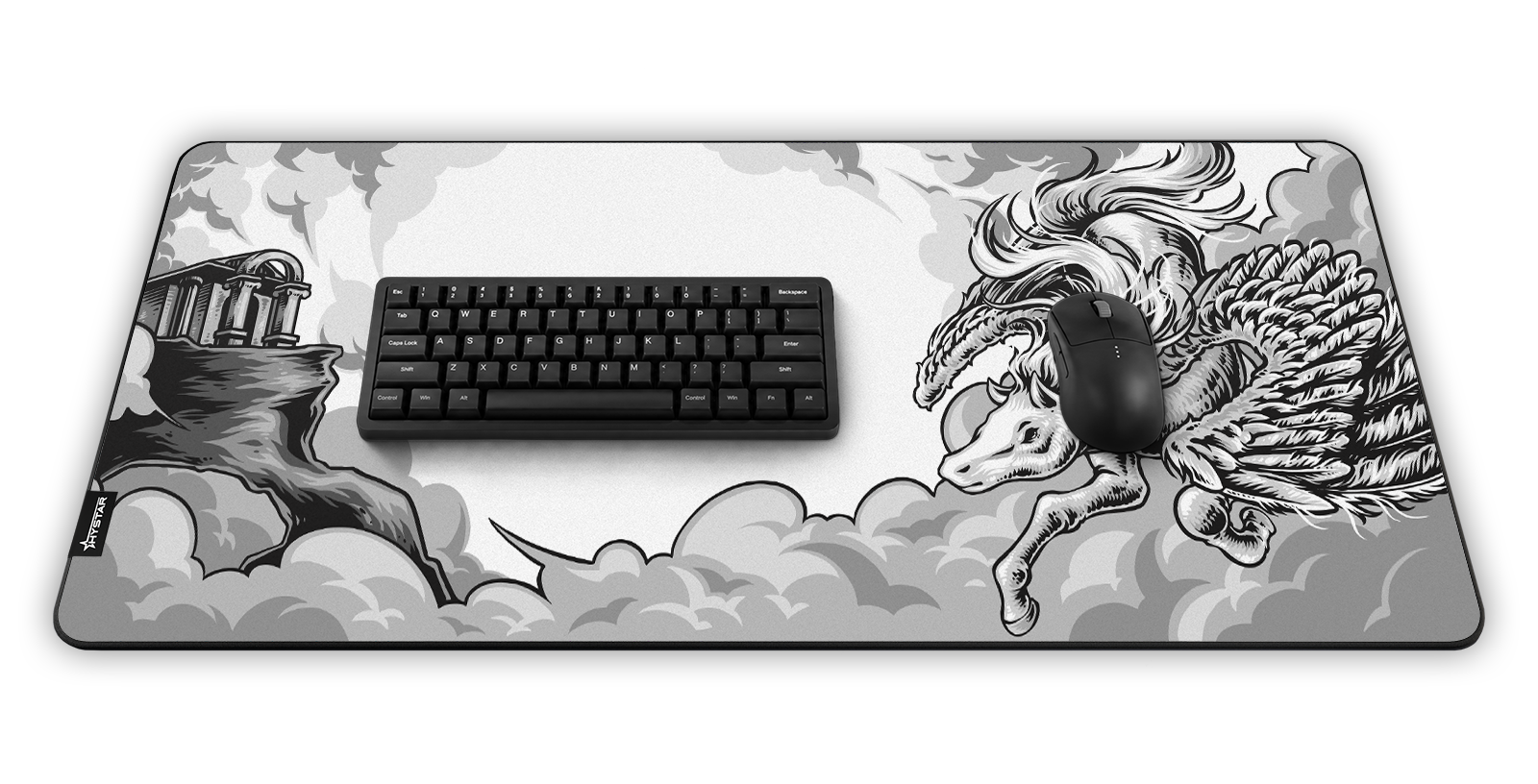 Hystar Pegasus deskmat, shown in a desk setup with keyboard and mouse
