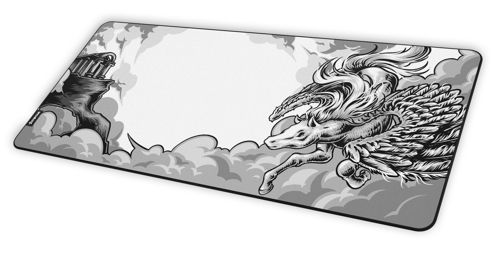 Hystar Pegasus deskmat at an angle on a desk