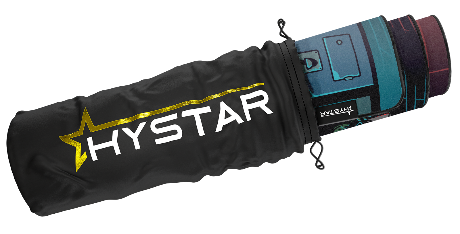 Hystar Nostalgia deskmat rolled up in its carry bag