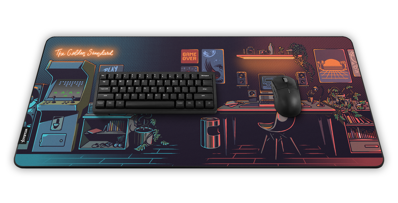 Hystar Nostalgia deskmat, shown in a desk setup with keyboard and mouse