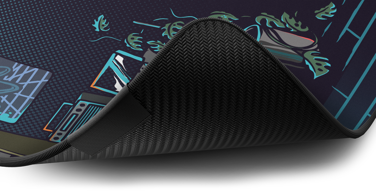 Close-up of the stitched edge and non-slip rubber base of the Hystar Nostalgia deskmat