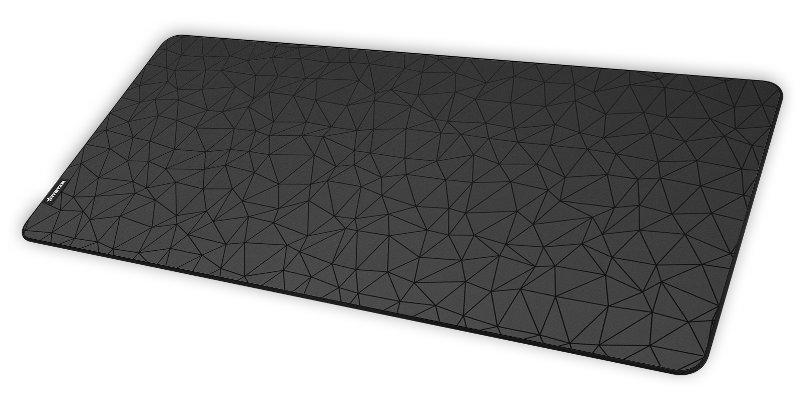 Hystar Poly deskmat in Black at an angle on a desk. Black XXL (36" x 16"), Black XXXL (45" x 20")