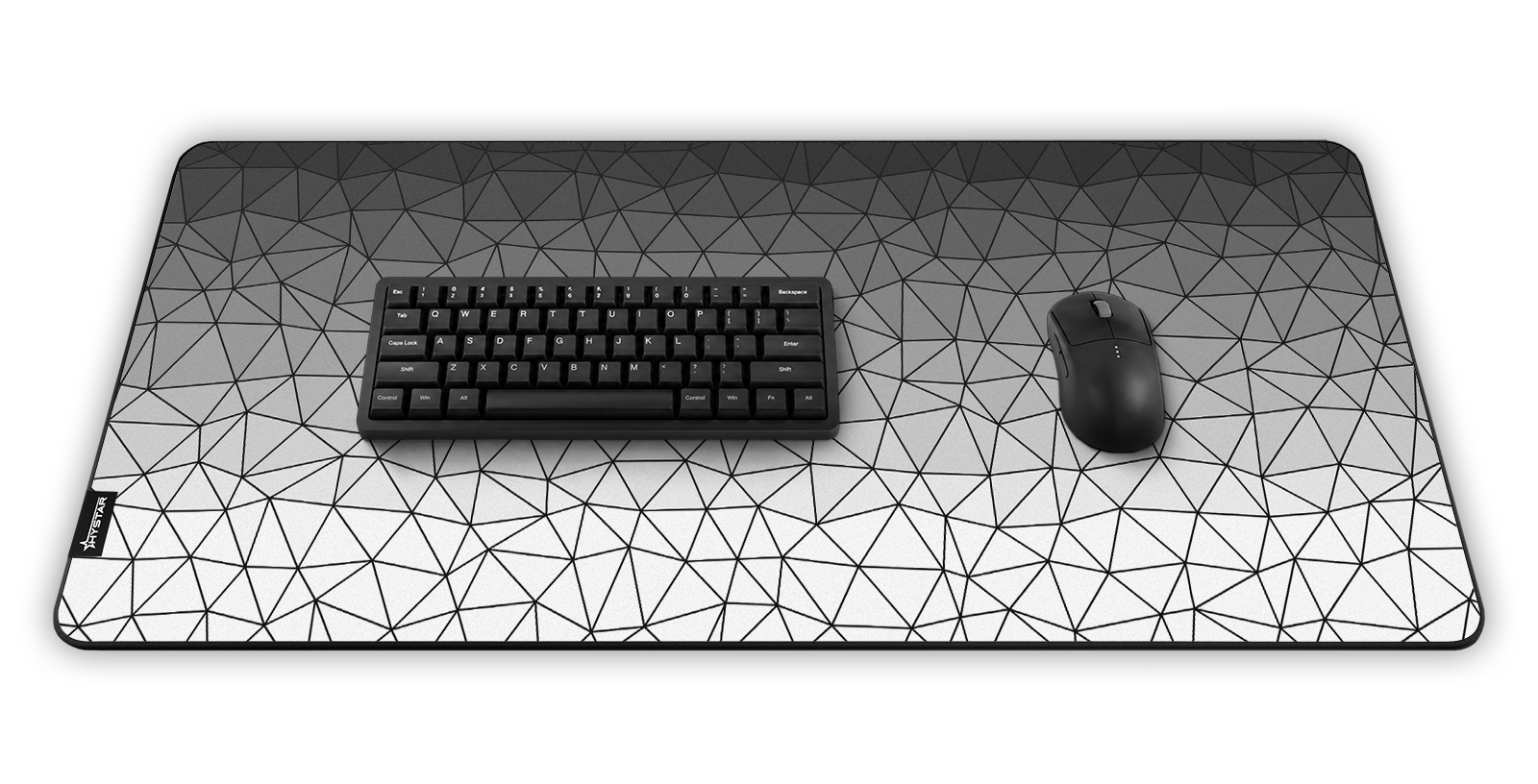 Hystar Poly deskmat in White, shown in a desk setup with keyboard and mouse. White XXL (36" x 16"), White XXXL (45" x 20")