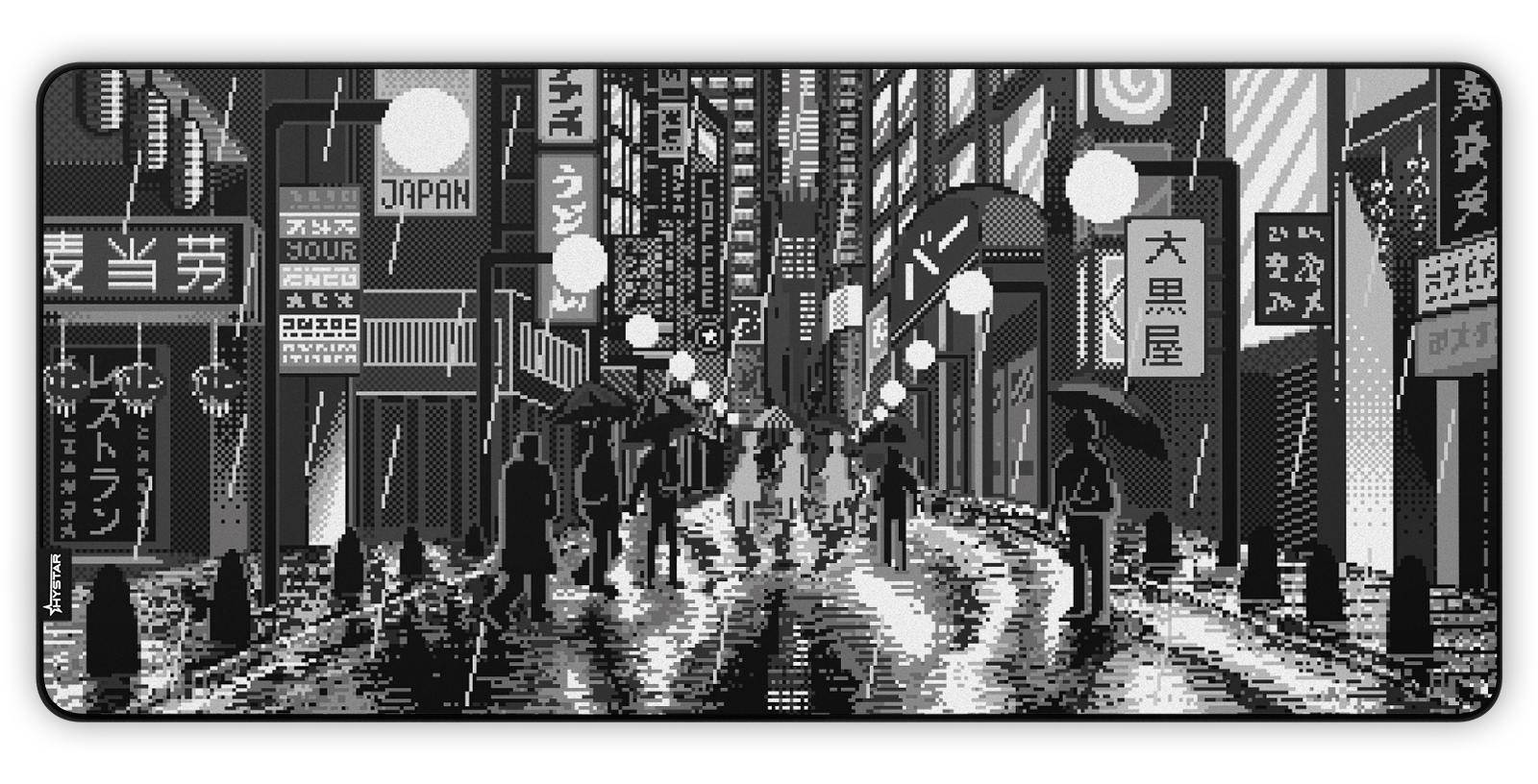 Hystar Retro Tokyo deskmat in Black and White, top-down view of the full print. Black and White XXL (36