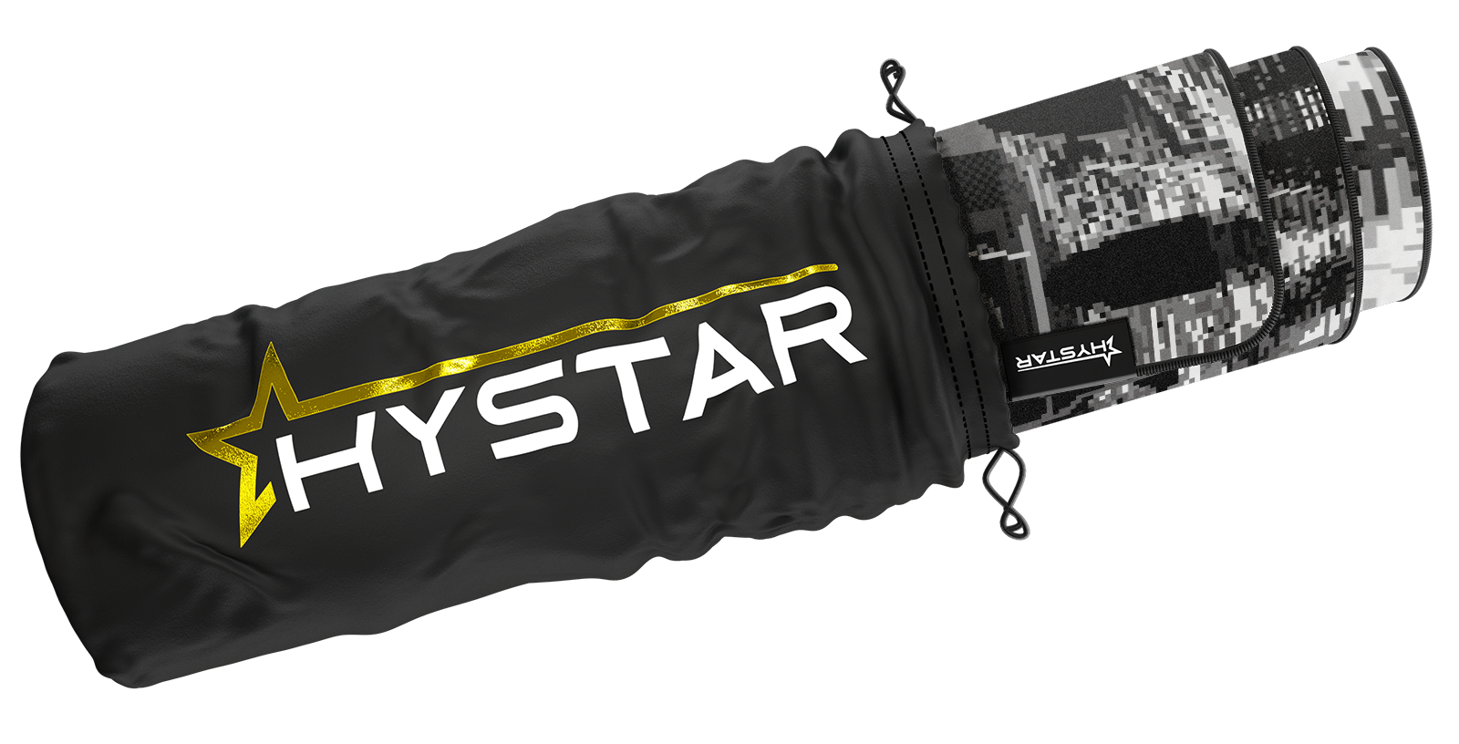 Hystar Retro Tokyo deskmat in Black and White rolled up in its carry bag. Black and White XXL (36" x 16"), Black and White XXXL (45" x 20")