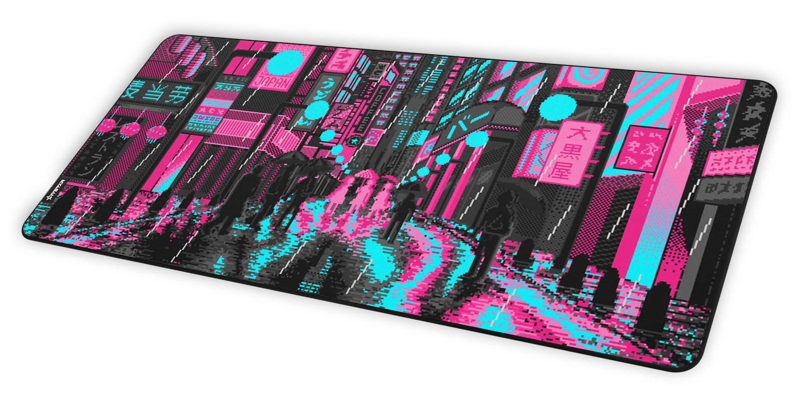 Hystar Retro Tokyo deskmat in Pink and Teal at an angle on a desk. Pink and Teal XXL (36" x 16"), Pink and Teal XXXL (45" x 20")