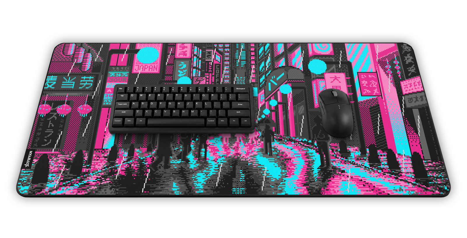Hystar Retro Tokyo deskmat in Pink and Teal, shown in a desk setup with keyboard and mouse. Pink and Teal XXL (36" x 16"), Pink and Teal XXXL (45" x 20")