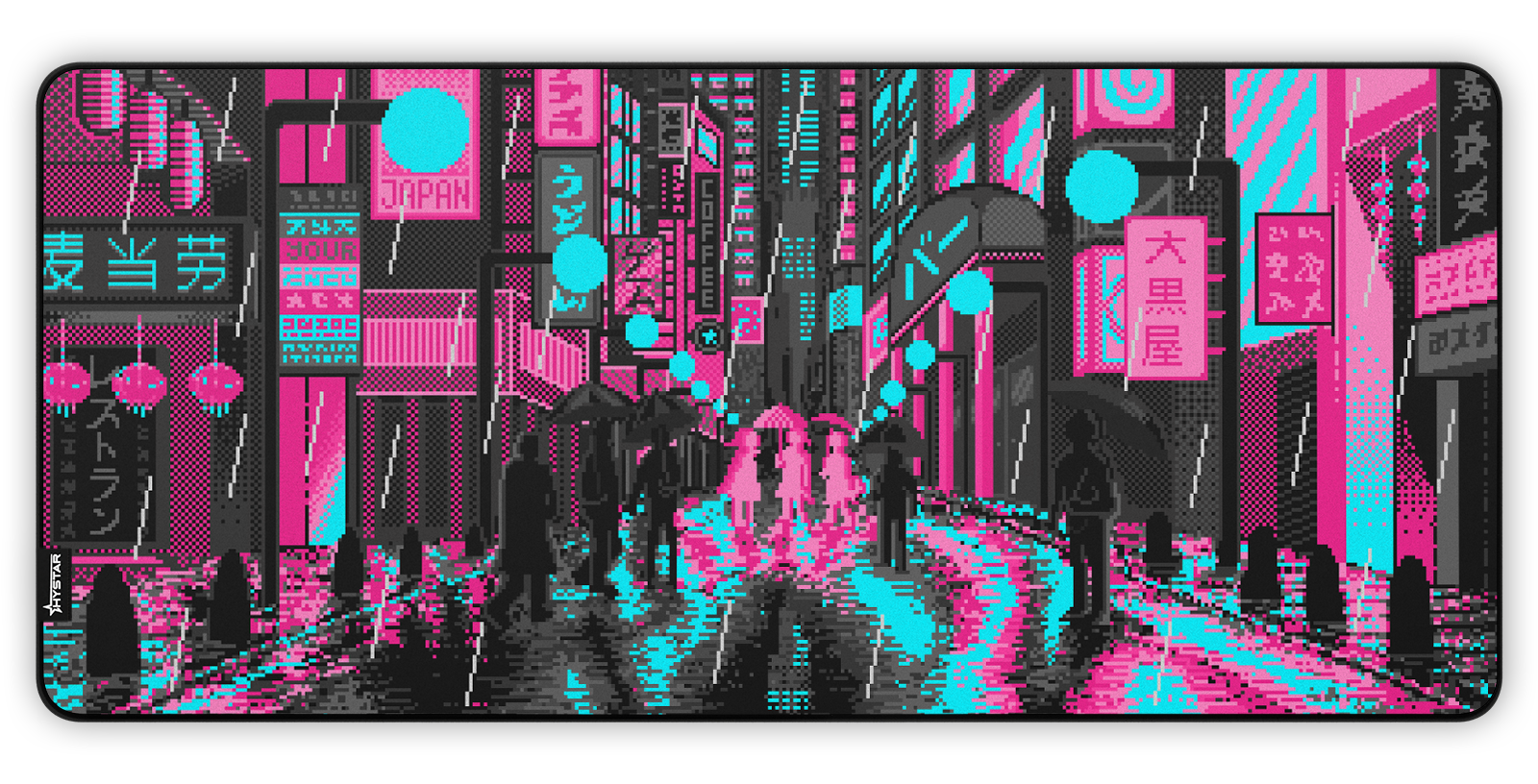 Hystar Retro Tokyo deskmat in Pink and Teal, top-down view of the full print. Pink and Teal XXL (36" x 16"), Pink and Teal XXXL (45" x 20")