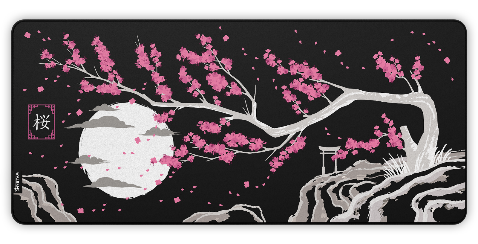 Hystar Sakura deskmat in Dark, top-down view of the full print. Dark XXL (36
